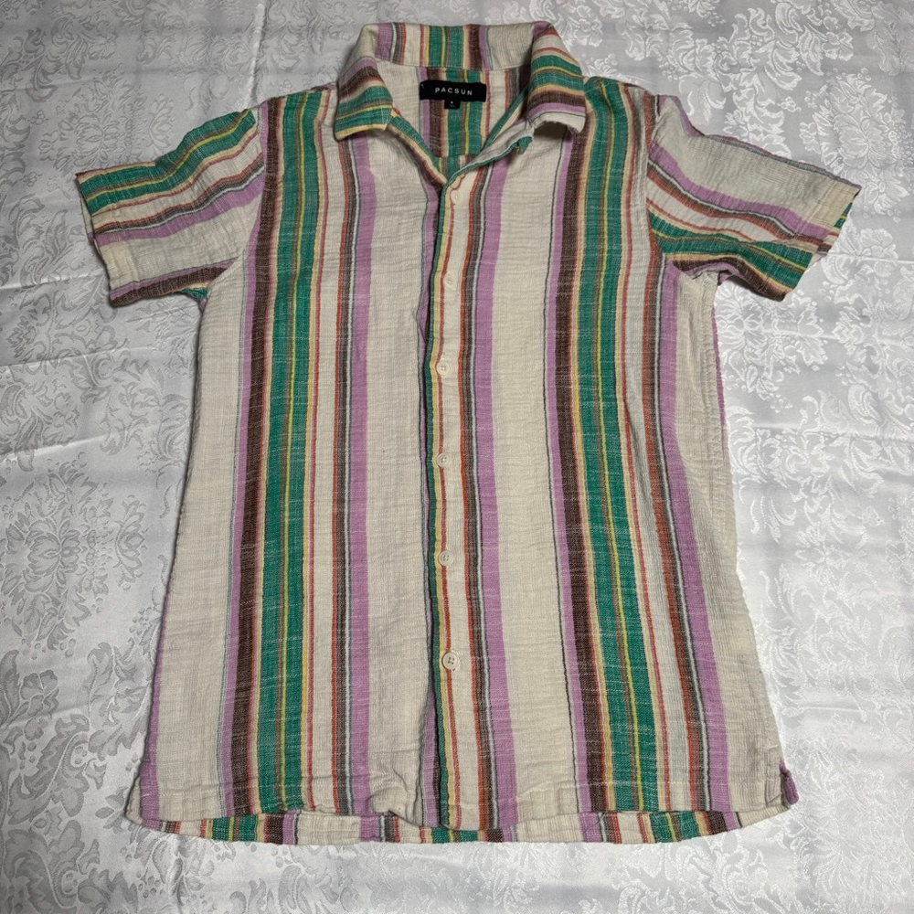Men's PAC SUN Resort Casual Button Down Shirt S Beige Multicolor Striped #110